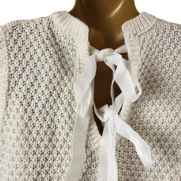 NEW POL Small  Off-White Cable Knit Sweater Vest V-Neck Cotton Blend Tie Back - Picture 12 of 15